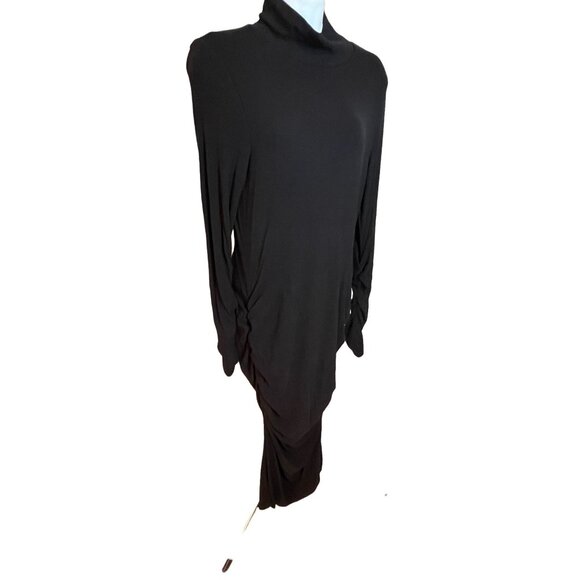 Sanctuary Black Long Sleeve Midi Dress Sz L Draped Side Ruched Stretch High Neck - Picture 4 of 10